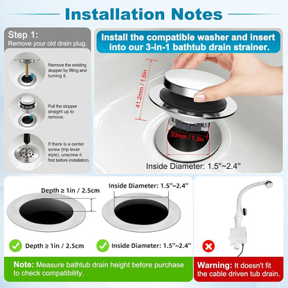 four interchangeable silicone rings for 1.5–2.4 inch drain compatibility