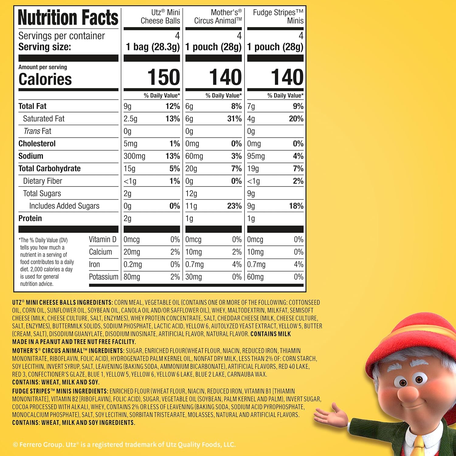 four-item variety: keebler sweet & salty mix, keebler fudge stripes, mother's circus animals, utz mini cheese balls