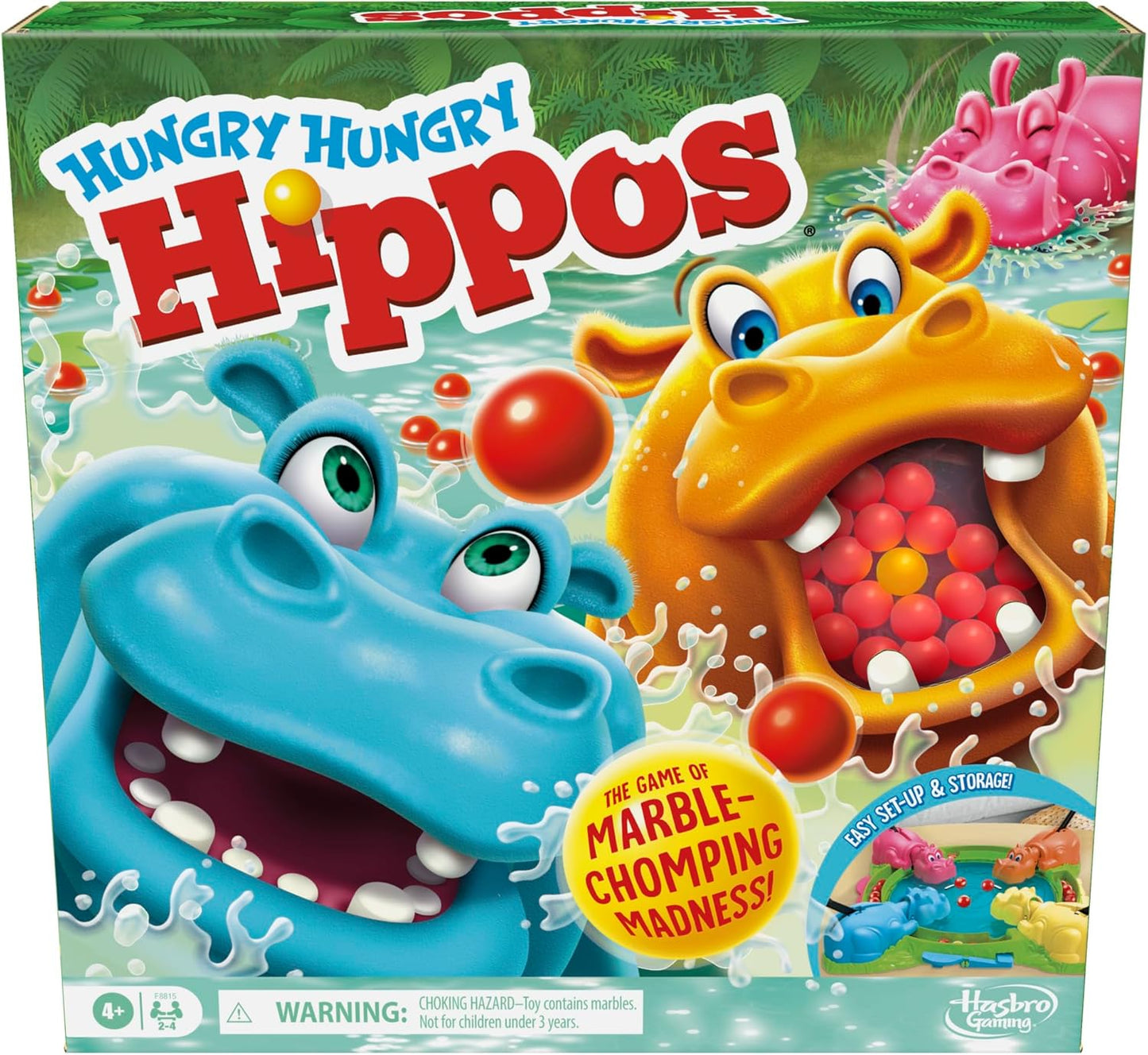 four lever-activated chomping hippos in varied colors for up to 4 players