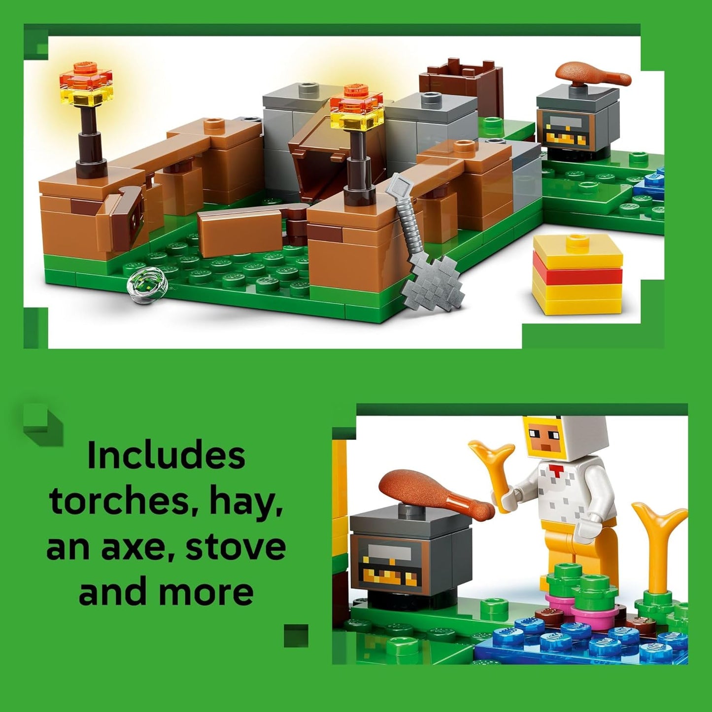 four minifigures: chicken fan, baby zombie, fox, cold chicken, and a baby chicken
