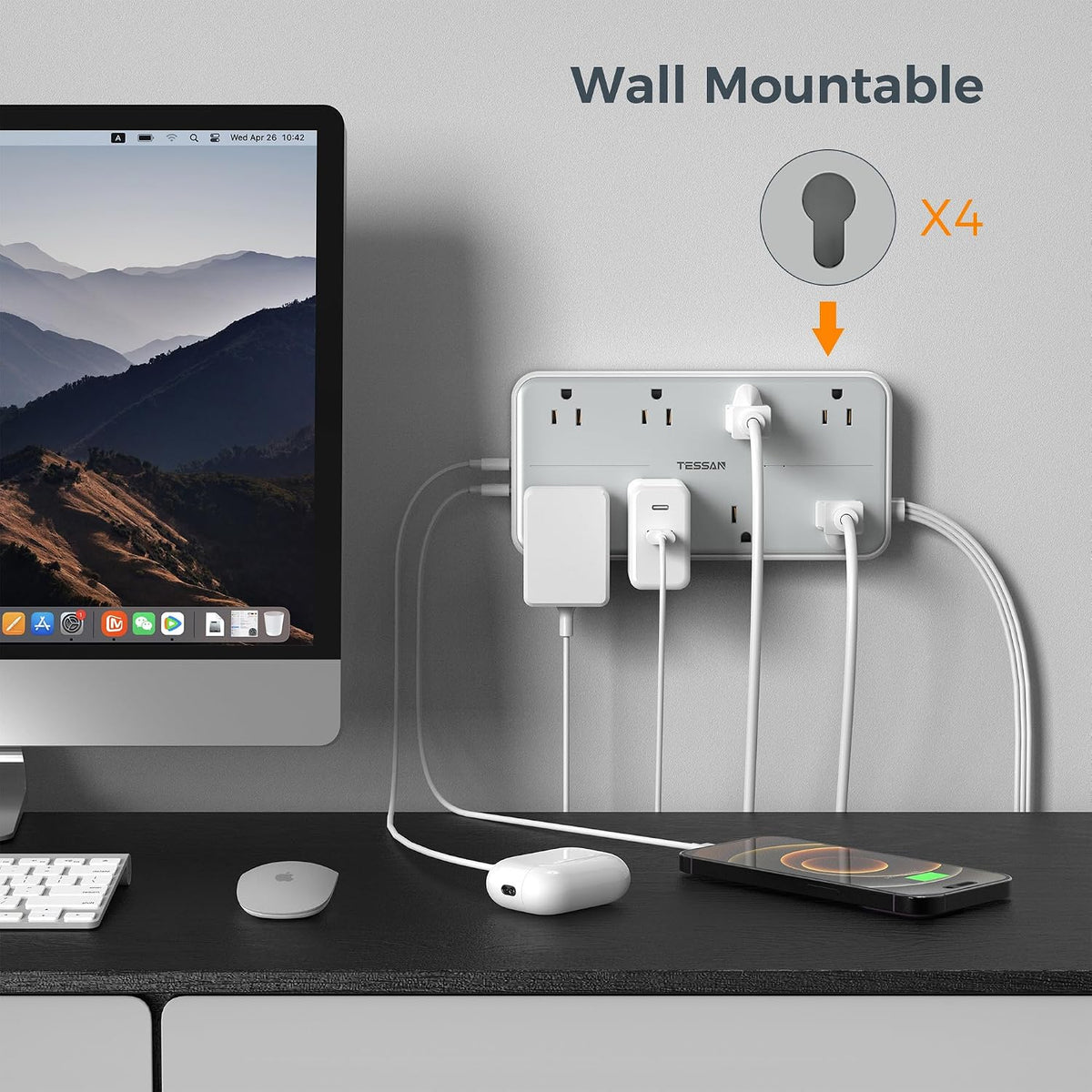 four rear mounting holes and four bottom rubber feet for wall-mount or desktop stability