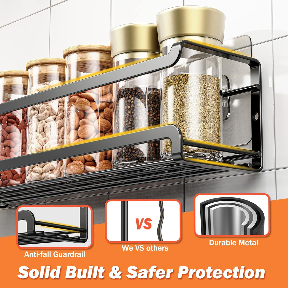 four removable sliding hooks along the rail for hanging openers, shears, spoons, and towels