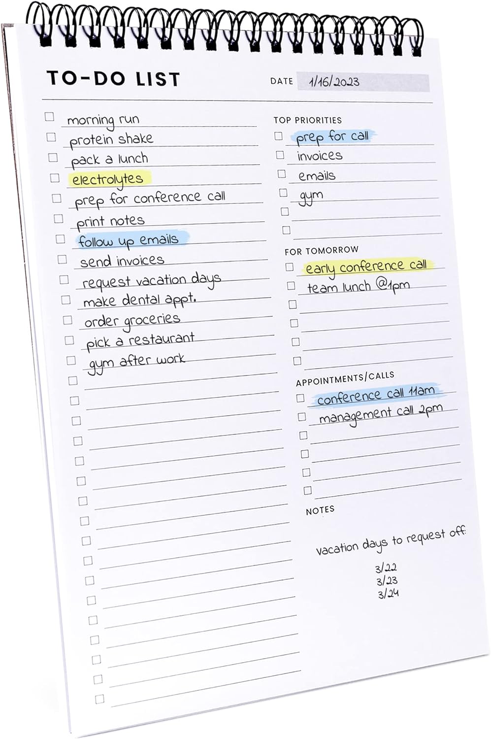 four-section page layout combining to-do list, top priorities, tomorrow's tasks, and appointments/calls