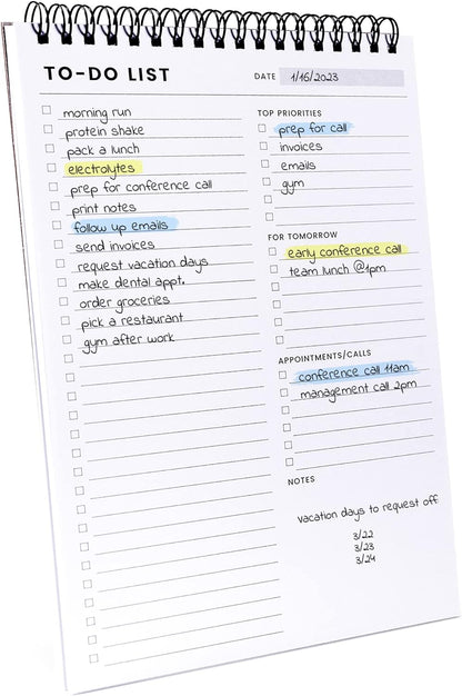 four-section page layout combining to-do list, top priorities, tomorrow's tasks, and appointments/calls