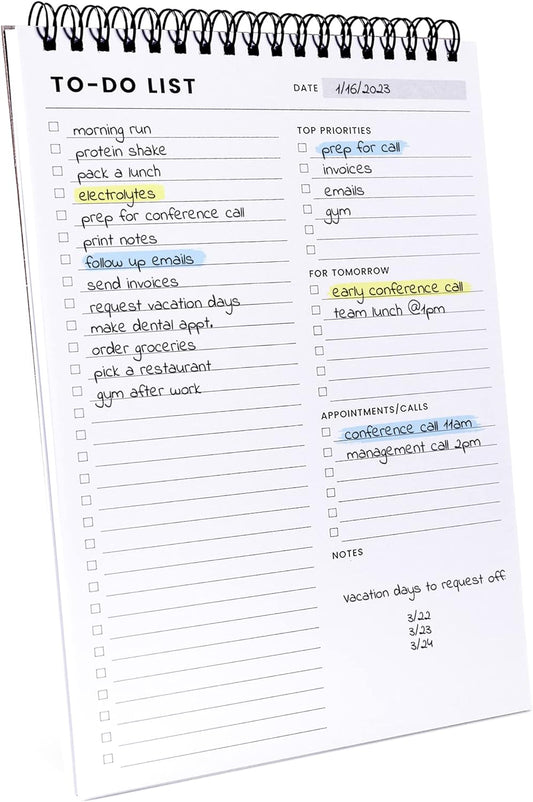 four-section page layout combining to-do list, top priorities, tomorrow's tasks, and appointments/calls