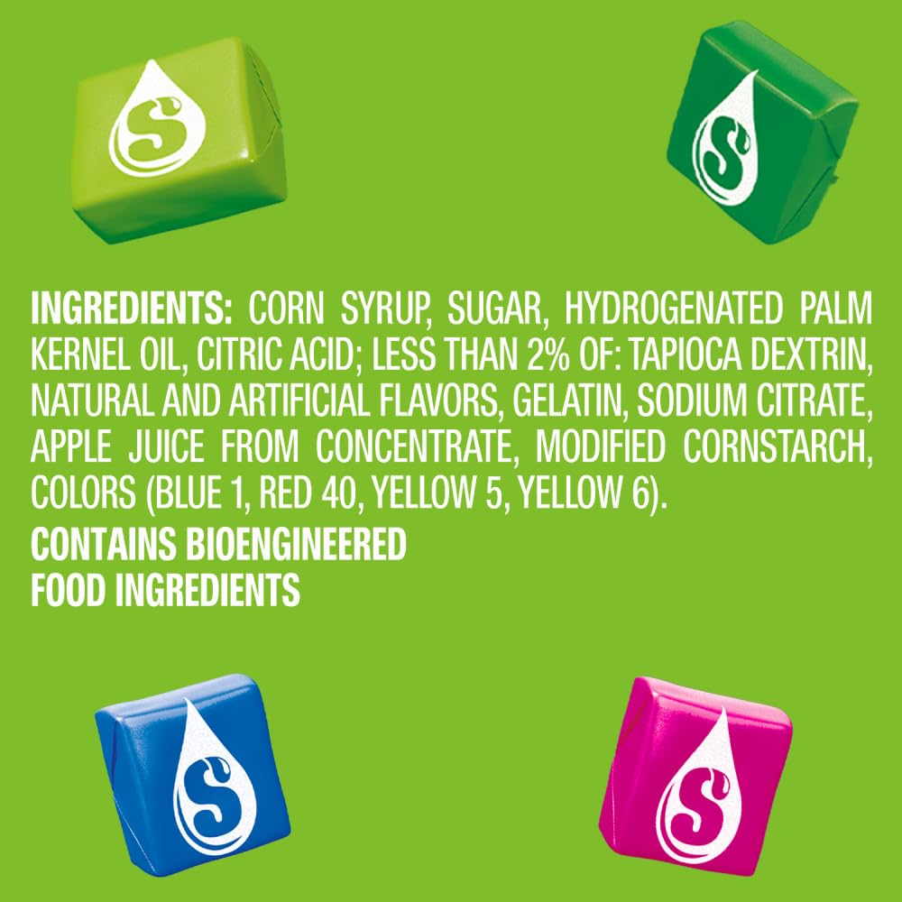 four sour flavors: strawberry, green apple, blue raspberry, watermelon