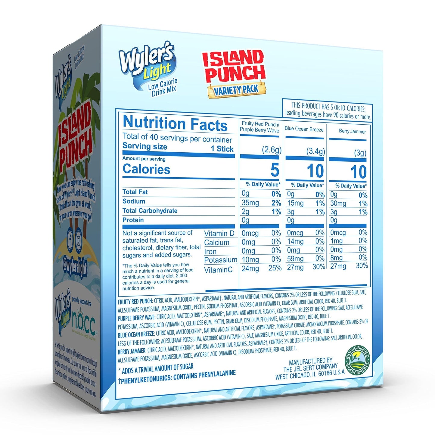 four tropical fruit flavors: fruity red punch, purple berry wave, berry jammer, blue ocean breeze