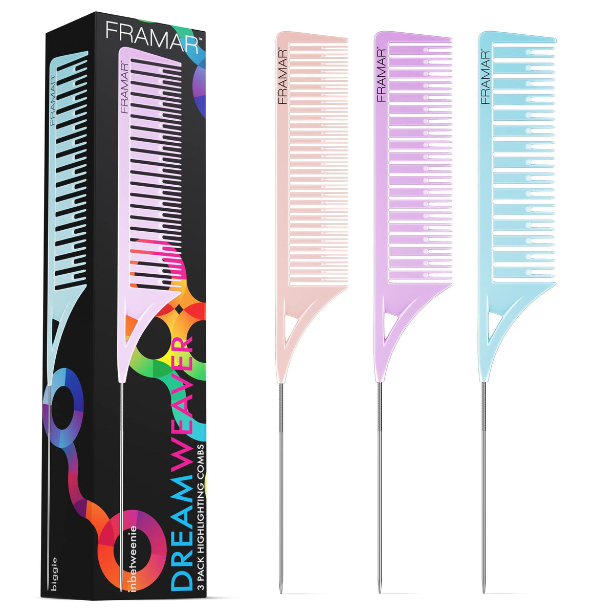FRAMAR Dreamweaver Highlight Comb Set - Professional Highlighting Comb With Parting Tip, Hair Dye Comb, Foiling Combs For Highlighting, Highlight Combs For Highlighting – 3 Pack Pastel