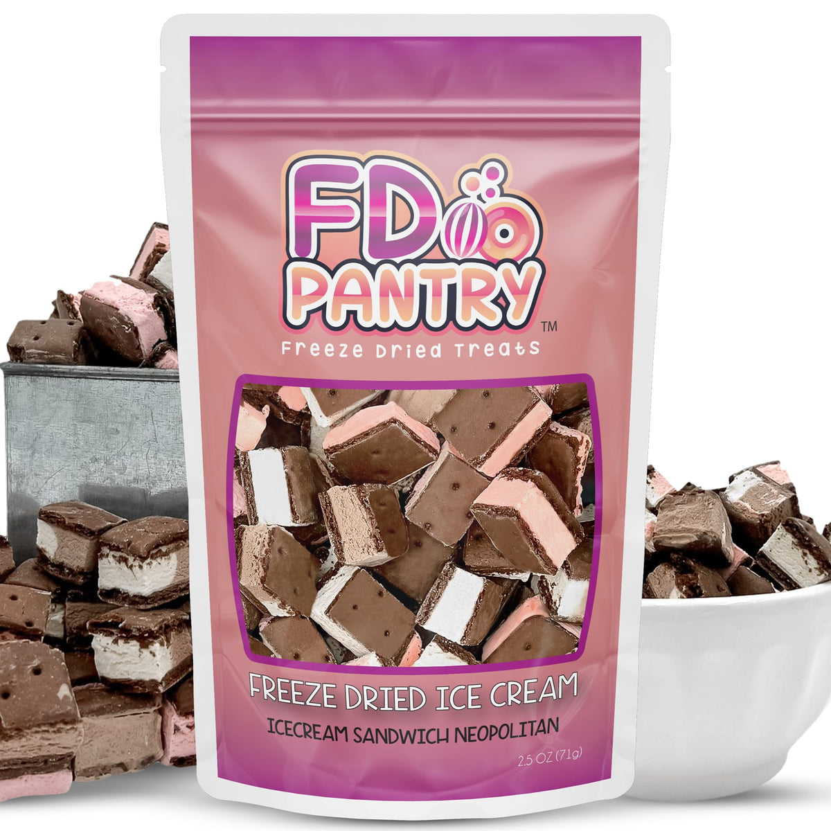 Freeze Dried Ice Cream Sandwich Bites, Neapolitan, Crunchy &amp;amp; Sweet Snack, 2.5 oz, Dehydrated, Resealable Gift Bag, Strawberry, Vanilla, Chocolate
