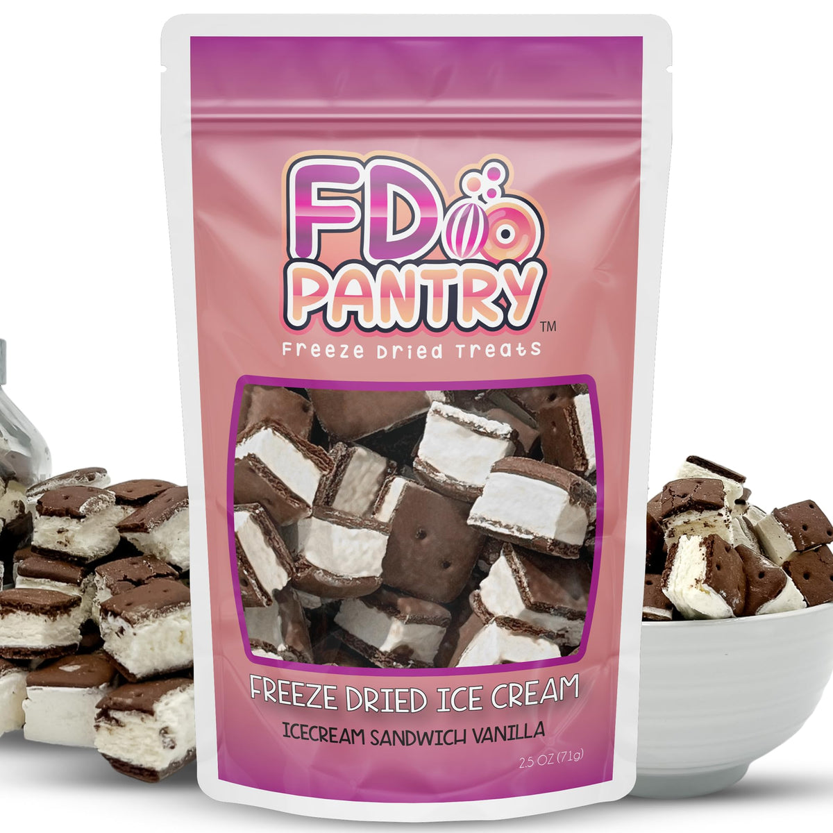 Freeze Dried Ice Cream Sandwich Bites - Vanilla - Crunchy &amp;amp; Sweet Snack 2.5oz Freeze-Dried Space Ice-Cream Pack Dehydrated Resealable Gift Bag