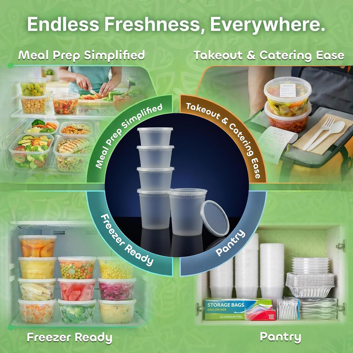 freezer-safe, microwave-safe (container only), and dishwasher-safe construction