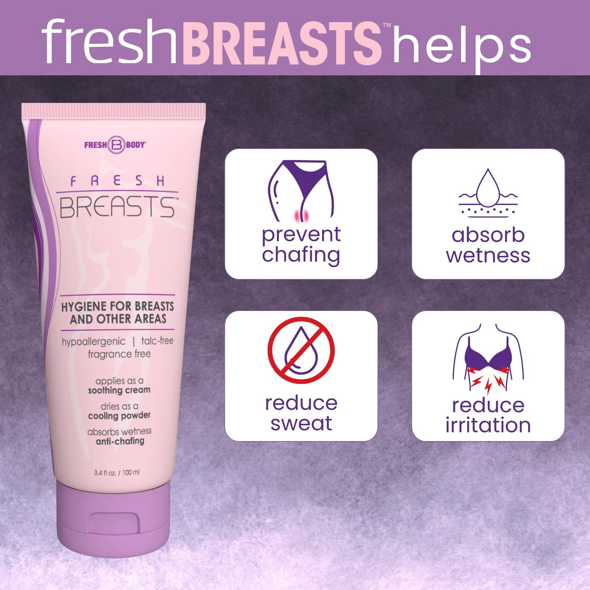 Fresh BREASTS Lotion to Powder Sweat Barrier - Travel Size Chafe Protection for Hiking, Spin Class, and Outdoor Yoga in Humid Climates