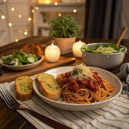 freshly made pasta tossed in seasoned tomato, beef, and pork sauce