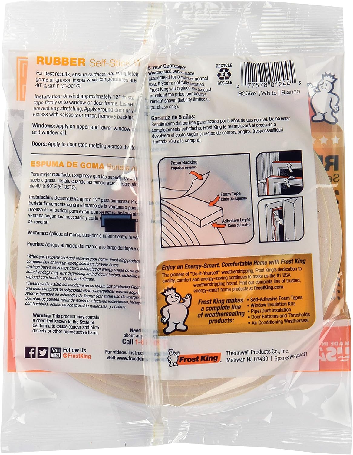 Frost King R338H Self-Stick Foam Weatherseal for Child- and Pet-Safe Homes, No Tools Required for Installation