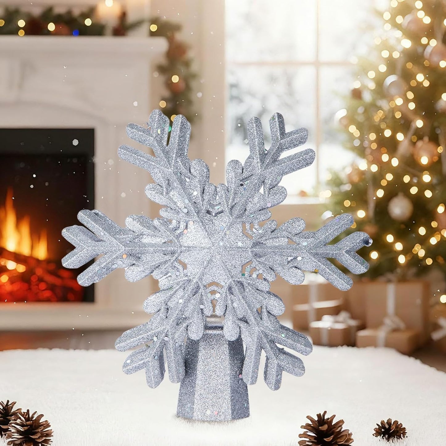 FrostyGlow Christmas Tree Topper – Child-Safe Lighted Centerpiece for Nursery and Playroom, Cool-to-Touch LED Rotating Snowflake