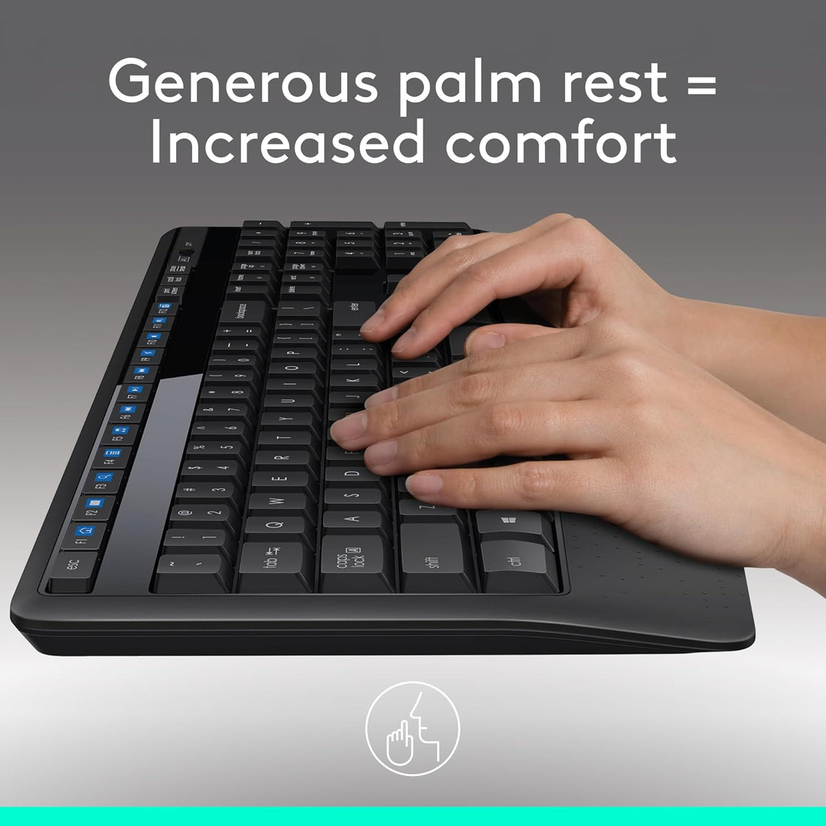 full-size 104-key qwerty layout with integrated palm rest