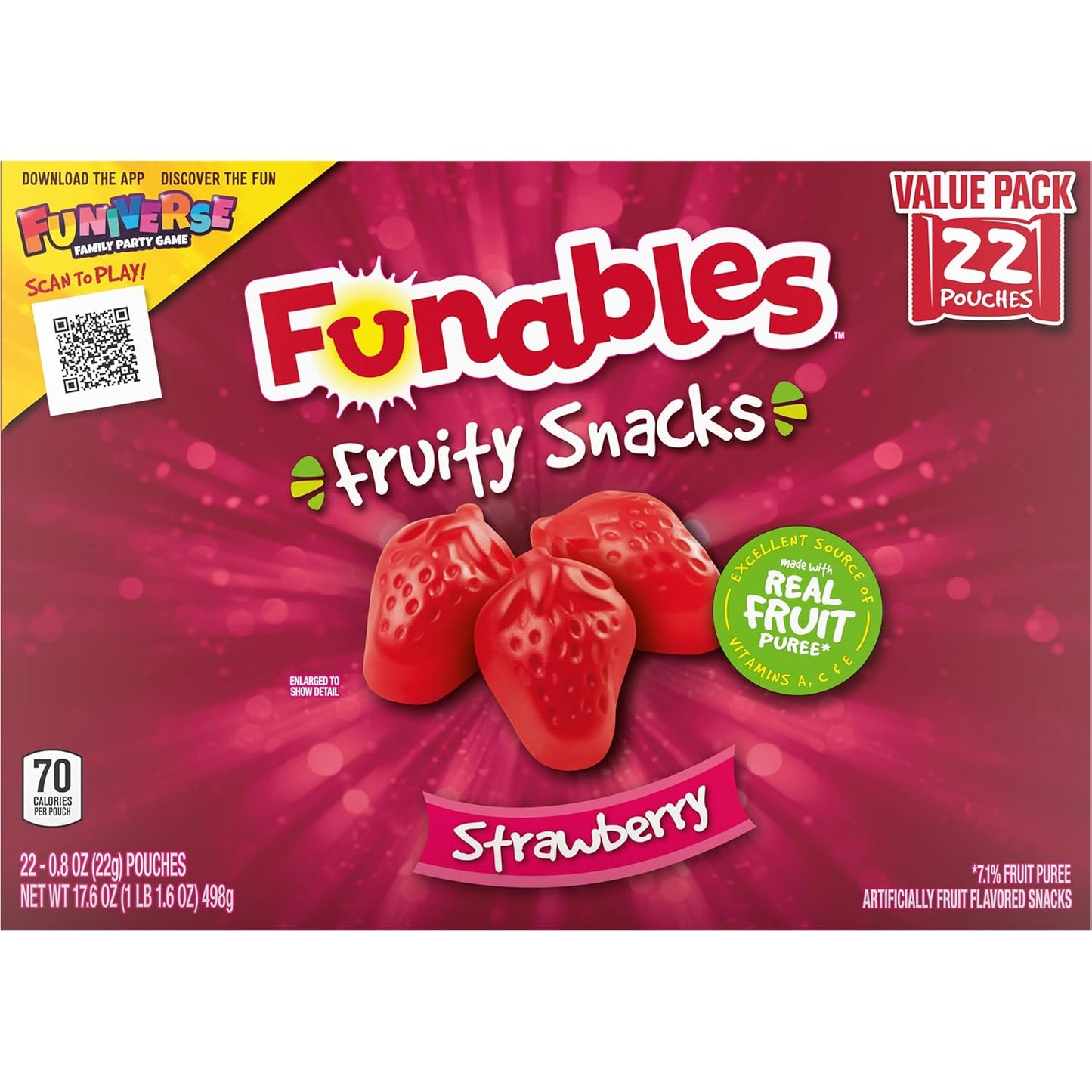 Funables 70-Calorie Fruit Snacks for Clean-Eating Pantries, Strawberry 0.8 oz 22 Pack