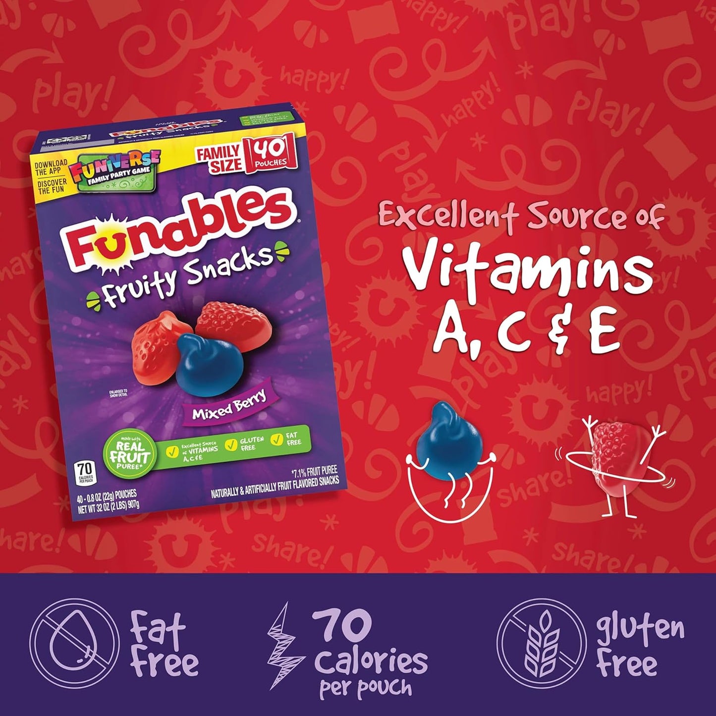 Funables Fruity Snacks, Portion Controlled Mixed Berry Snack for Office Desk and Gym Bag