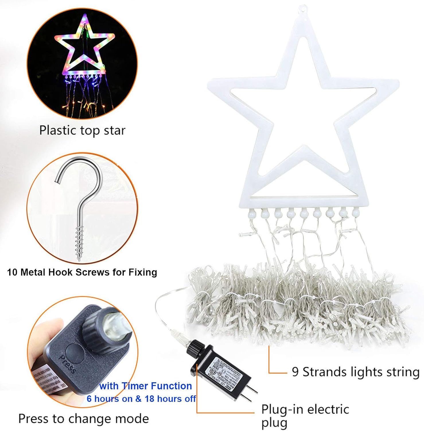 FUNIAO Safe LED Waterfall Christmas Lights with Star Topper, 30V Low Voltage Child Friendly Lights for Kids Room and Playroom