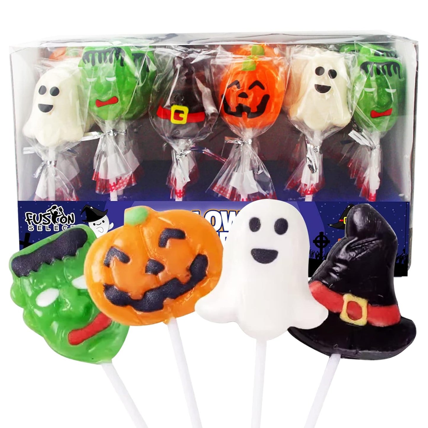 Fusion Select Halloween Lollipops – Fun Party Favor Gift Set for Kids, 6 Spooky Character Designs in Every Box