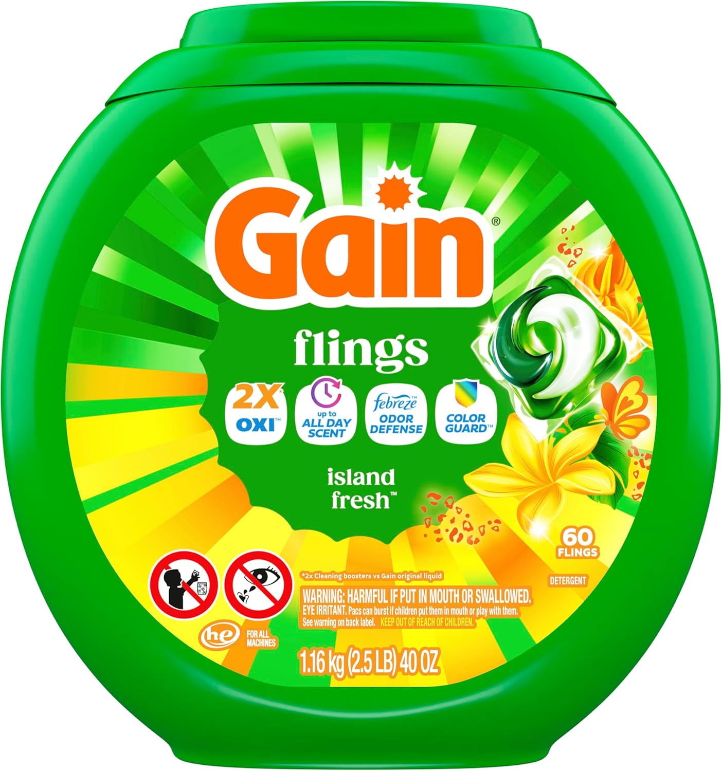 Gain Flings Island Fresh Laundry Pacs for Post Workout Recovery and Master Bedroom Closet, Febreze Odor Defense Sweat Eliminating Pods