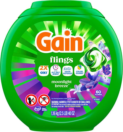 Gain Flings Odor Defense Laundry Detergent Pacs – Mindful Wash Day Pods for Closet & Dresser, Moonlight Breeze Scent