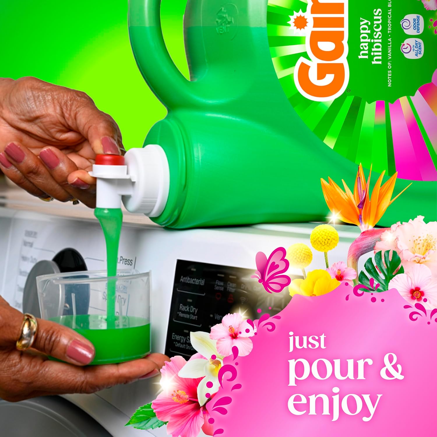 Gain Liquid Laundry Detergent Odor Defense Hibiscus Hula Scent for Cozy Living Room Linen Care, 100-Load Decorative-Scent Detergent
