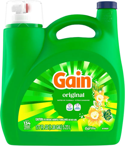 Gain Liquid Laundry Detergent Original Scent for Family Laundry Room, Bulk HE Compatible Soap 134 Loads with Odor Defense