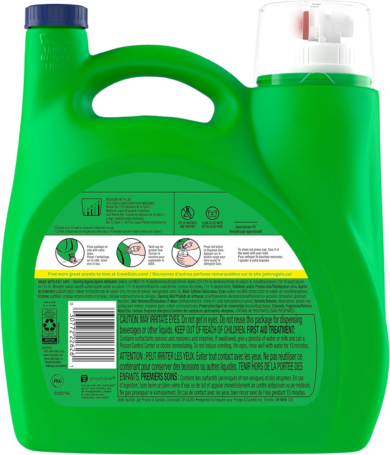 Gain Liquid Laundry Detergent Original Scent for Family Laundry Room, Bulk HE Compatible Soap 134 Loads with Odor Defense