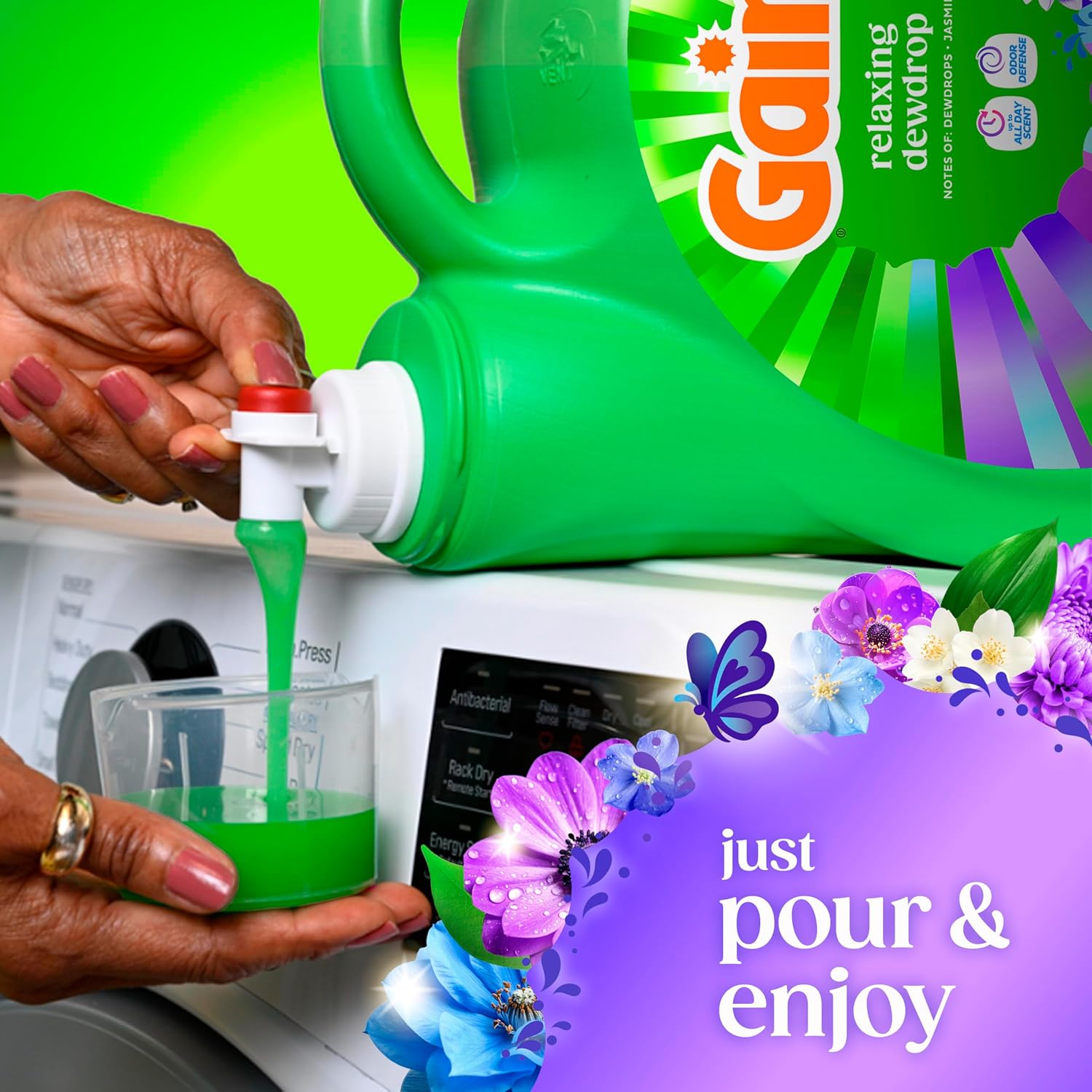 Gain Liquid Laundry Detergent Relaxing Dewdrop – One Clean Scent for a Clutter Free Laundry Routine, 100 Loads