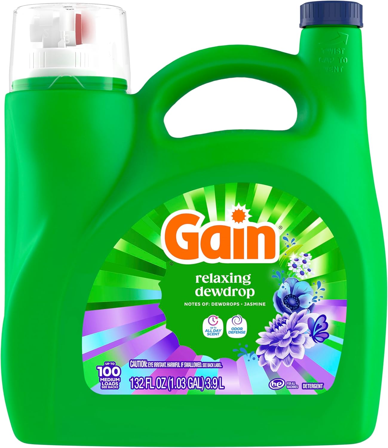 Gain Liquid Laundry Detergent Relaxing Dewdrop – One Clean Scent for a Clutter Free Laundry Routine, 100 Loads