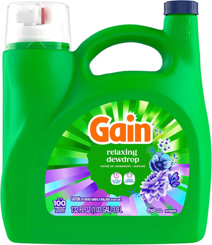 Gain Liquid Laundry Detergent Relaxing Dewdrop – One Clean Scent for a Clutter Free Laundry Routine, 100 Loads