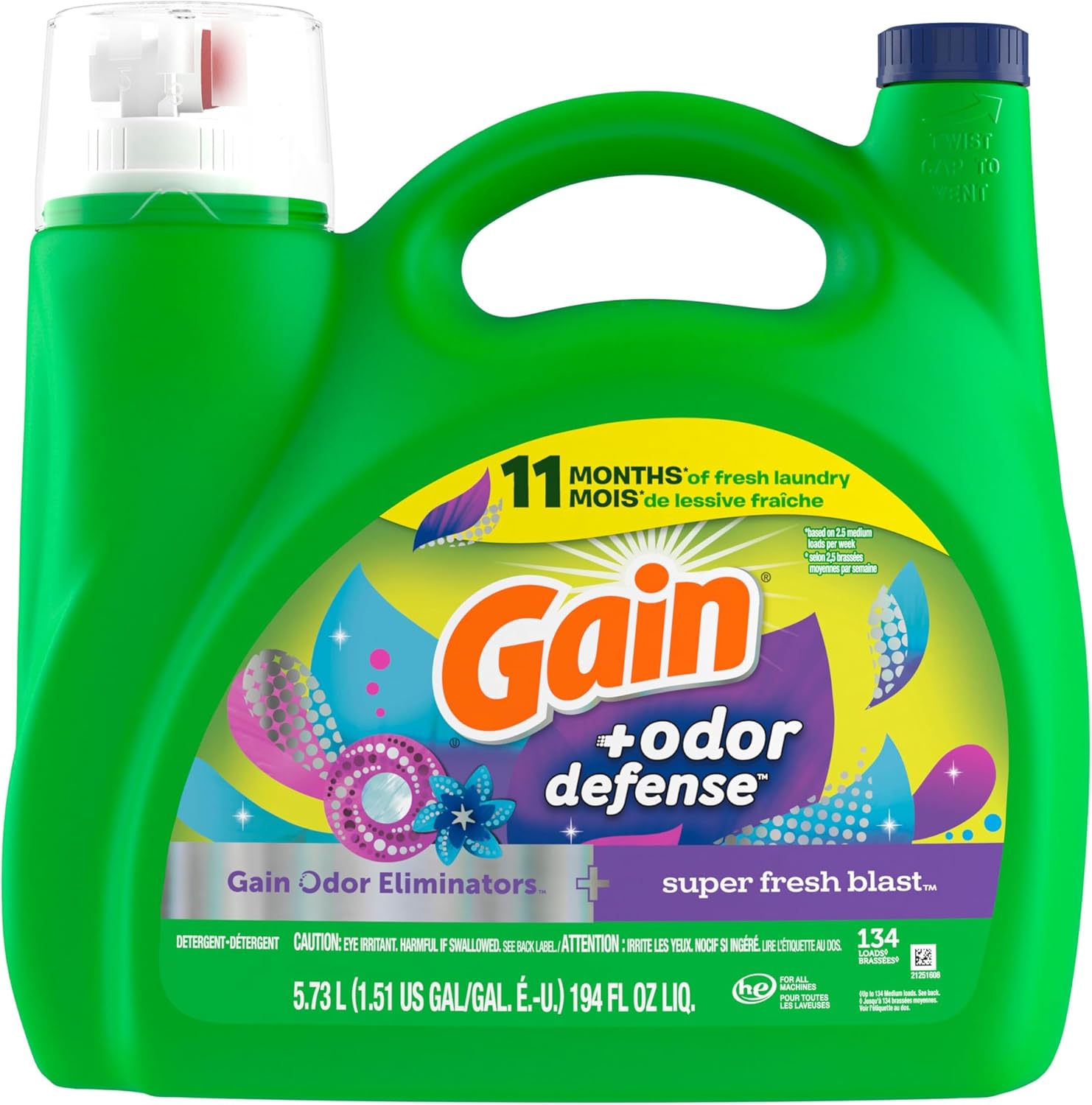 Gain Odor Defense Super Fresh Blast 2 in 1 Laundry Detergent 194 fl oz 134 Loads, Scent Therapy Laundry Soap for Meditation Spaces and Yoga Rooms