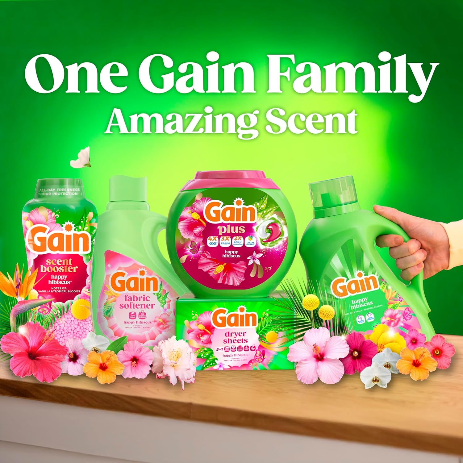 Gain Plus Flings Laundry Detergent Pods Happy Hibiscus Scent for Mindful Laundry Ritual and Calming Bedroom Closet Care, 45 Count