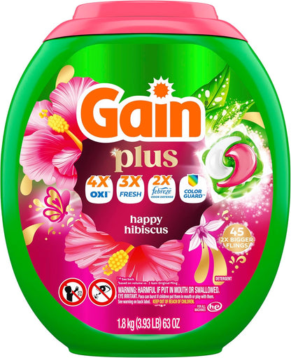 Gain Plus Flings Laundry Detergent Pods Happy Hibiscus Scent for Mindful Laundry Ritual and Calming Bedroom Closet Care, 45 Count