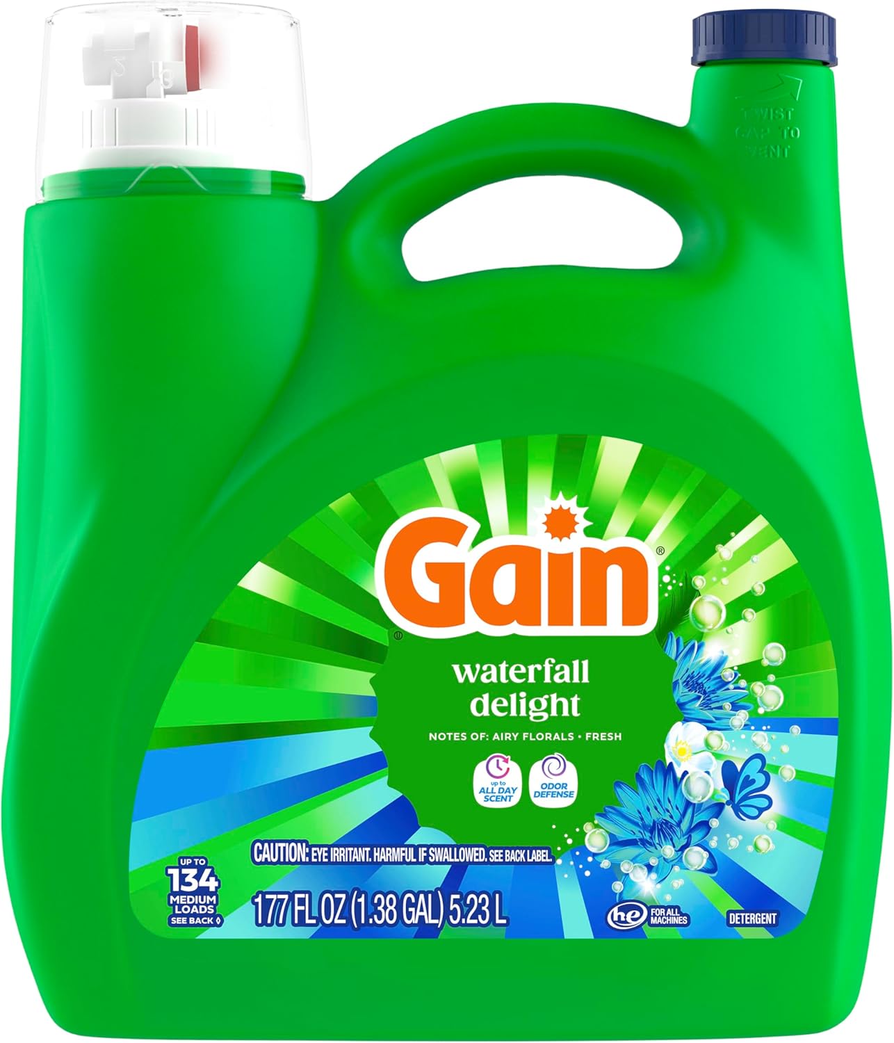 Gain Waterfall Delight Liquid Laundry Detergent for Clutter-Free Utility Room, One-Jug 134-Load Simplicity
