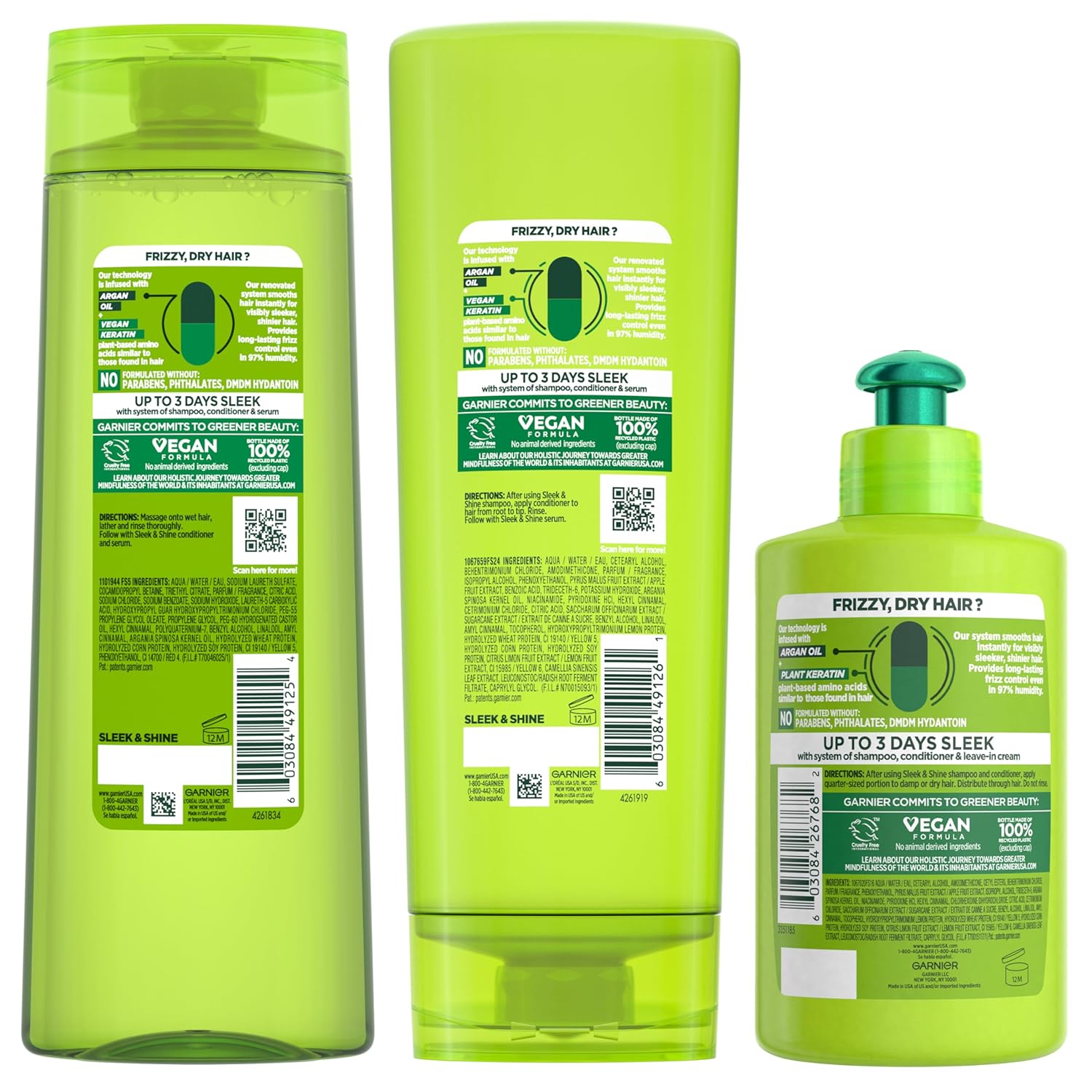 Garnier Fructis Sleek & Shine Shampoo, Conditioner & Leave-In Bundle – Affordable Holiday Gift for Mom, Anti-Frizz Vegan Set