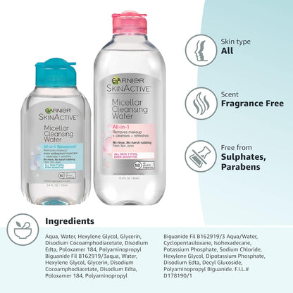 Garnier Micellar Cleansing Water Bundle – Fragrance-Free Cleanser for a Clean Sink-Counter Setup, 13.5 + 3.4 fl oz