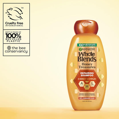 Garnier Whole Blends Honey Treasures Repairing Shampoo – Salon-Quality Strengthening Formula with Royal Jelly, Refined Bathroom Essential