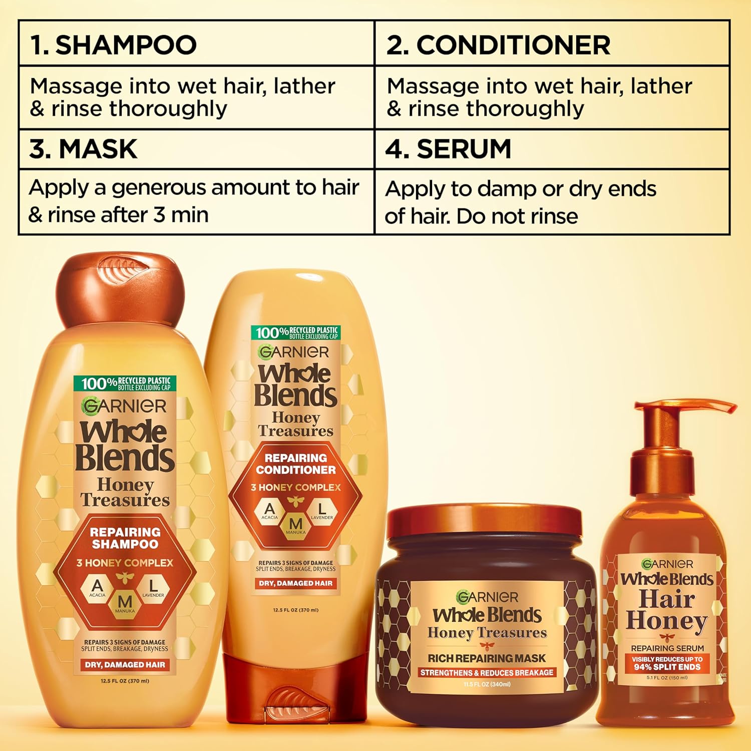 Garnier Whole Blends Honey Treasures Repairing Shampoo – Salon-Quality Strengthening Formula with Royal Jelly, Refined Bathroom Essential