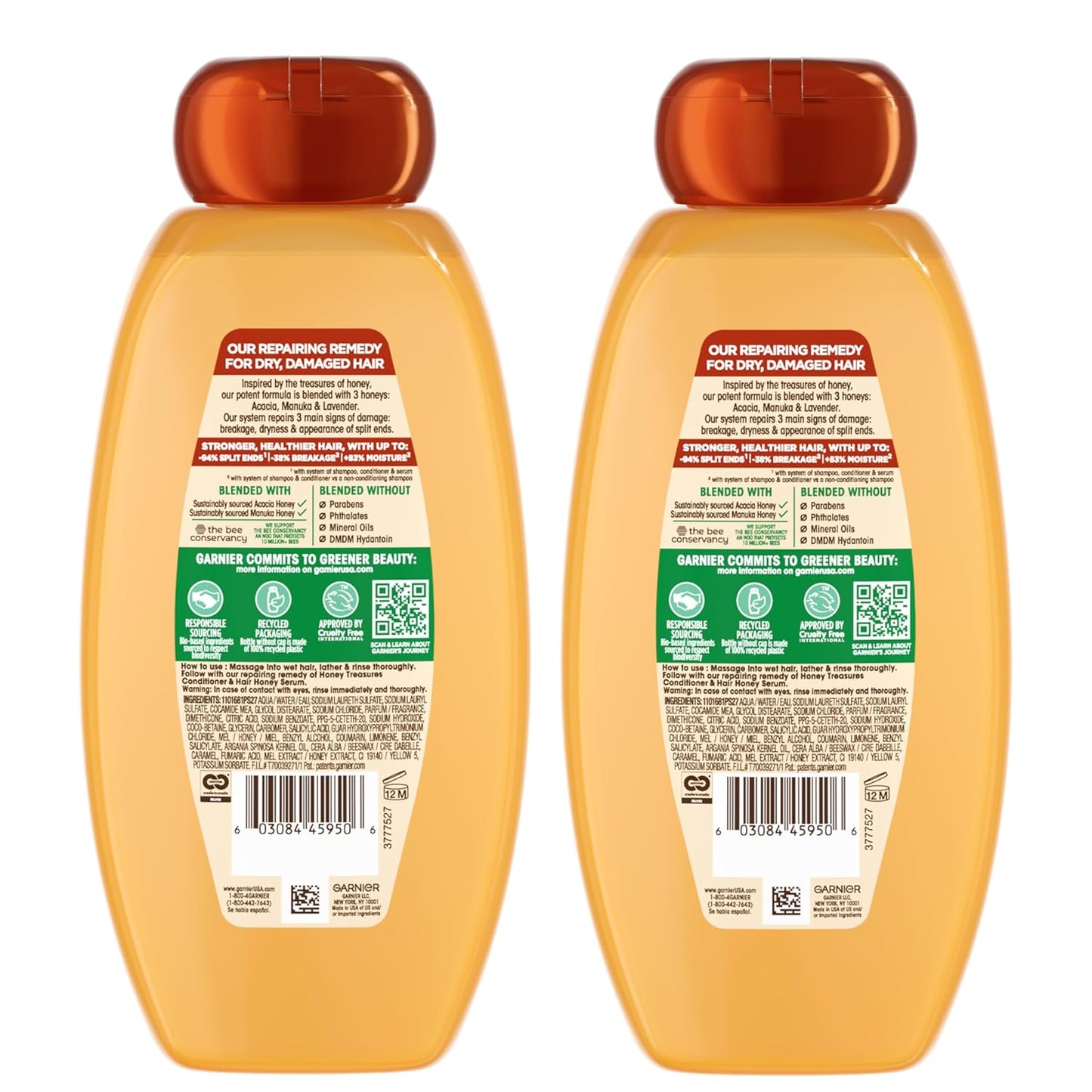 Garnier Whole Blends Honey Treasures Repairing Shampoo – Salon-Quality Strengthening Formula with Royal Jelly, Refined Bathroom Essential