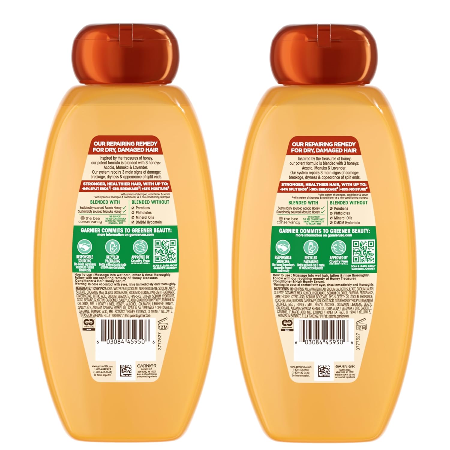 Garnier Whole Blends Honey Treasures Repairing Shampoo – Salon-Quality Strengthening Formula with Royal Jelly, Refined Bathroom Essential