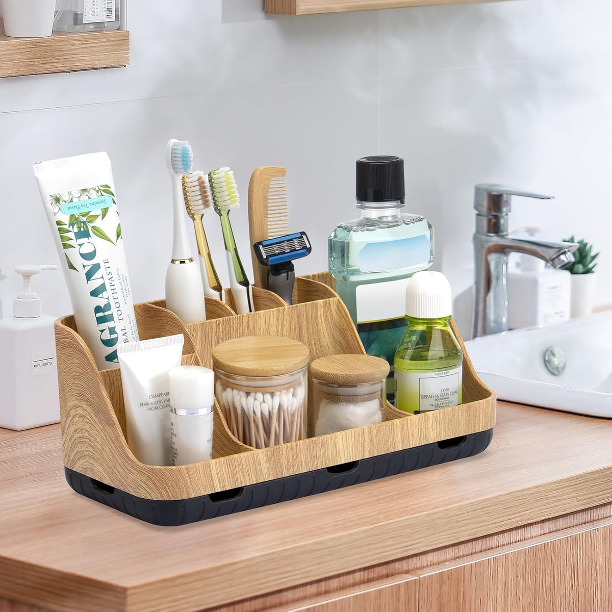 GFWARE Electric Toothbrush Stand – Freestanding Wood-Finish Bathroom Decor Piece for Half-Bath Vanity, Neutral Tones Blend Effortlessly