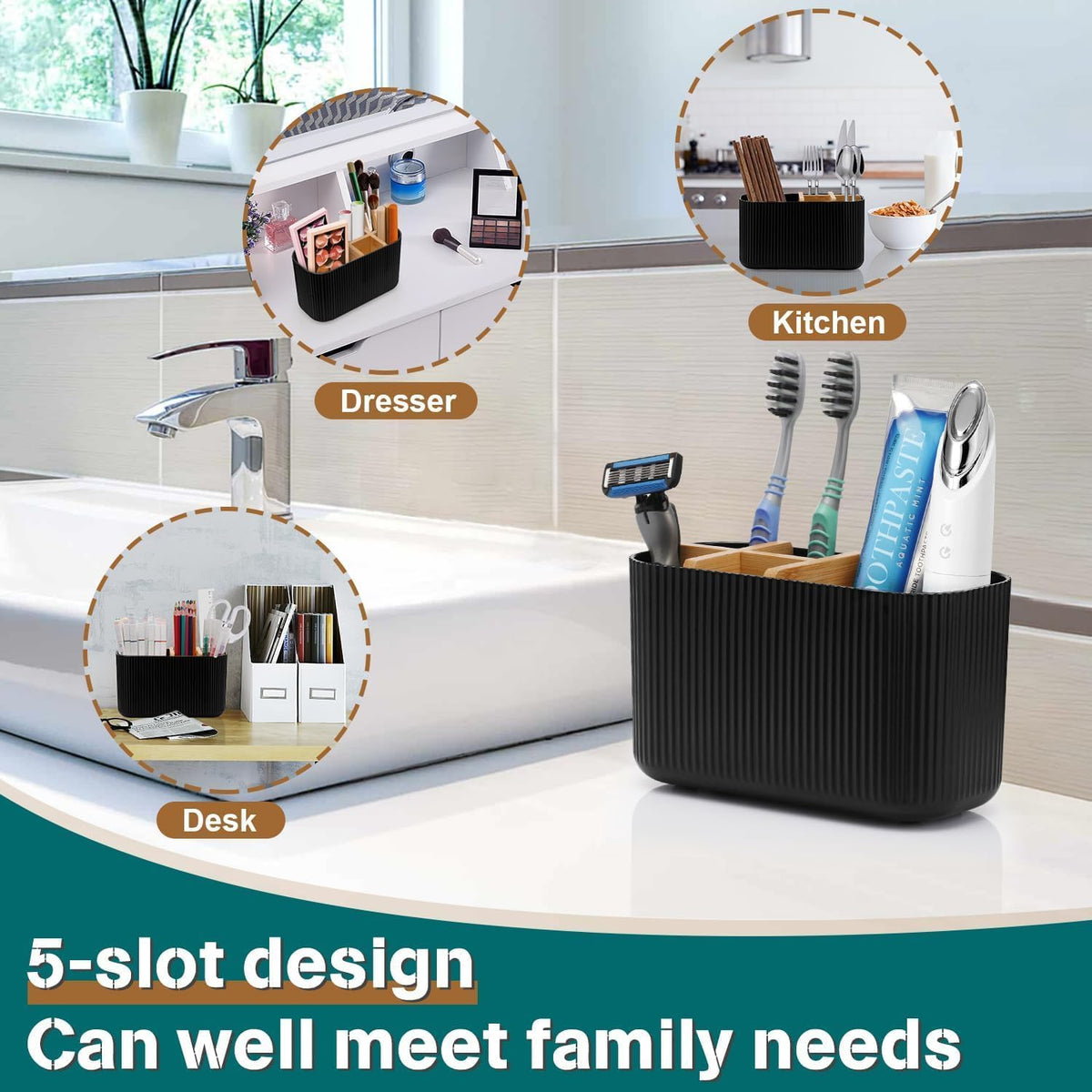 GFWARE Toothbrush Stand – Designer Bathroom Counter Accent with Running-Water Pattern, 5-Compartment Organizer