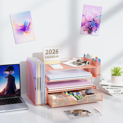 gianotter Rose Gold 4-Tier Mesh Desk Organizer with Drawer – Aesthetic Office Desk Decor for Bedroom Vanity
