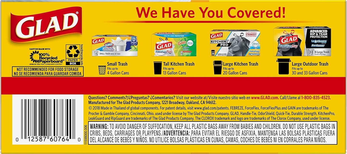 Glad 13 Gallon Handle-Tie Garbage Bags, No Added Scent for Allergy-Conscious Kitchens