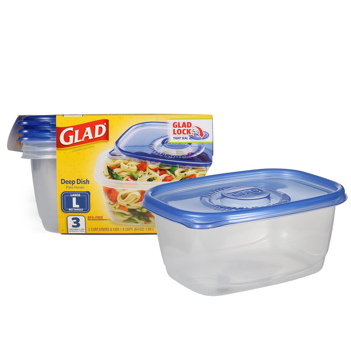 Glad Food Storage Containers - Deep Dish Container - 64 Ounce - 3 Containers