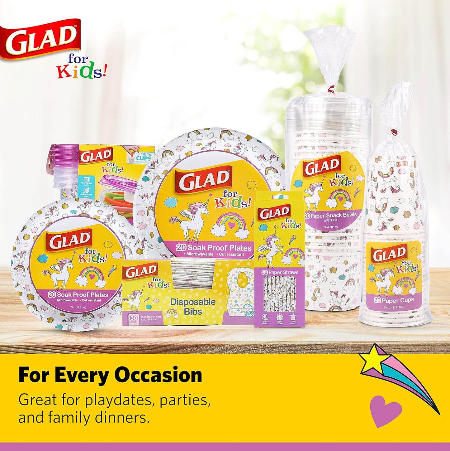 Glad for Kids Unicorn Paper Bibs with Pocket, Compact Disposable Baby Bibs for Restaurant Dining and Family Vacation Outings, 30 Count