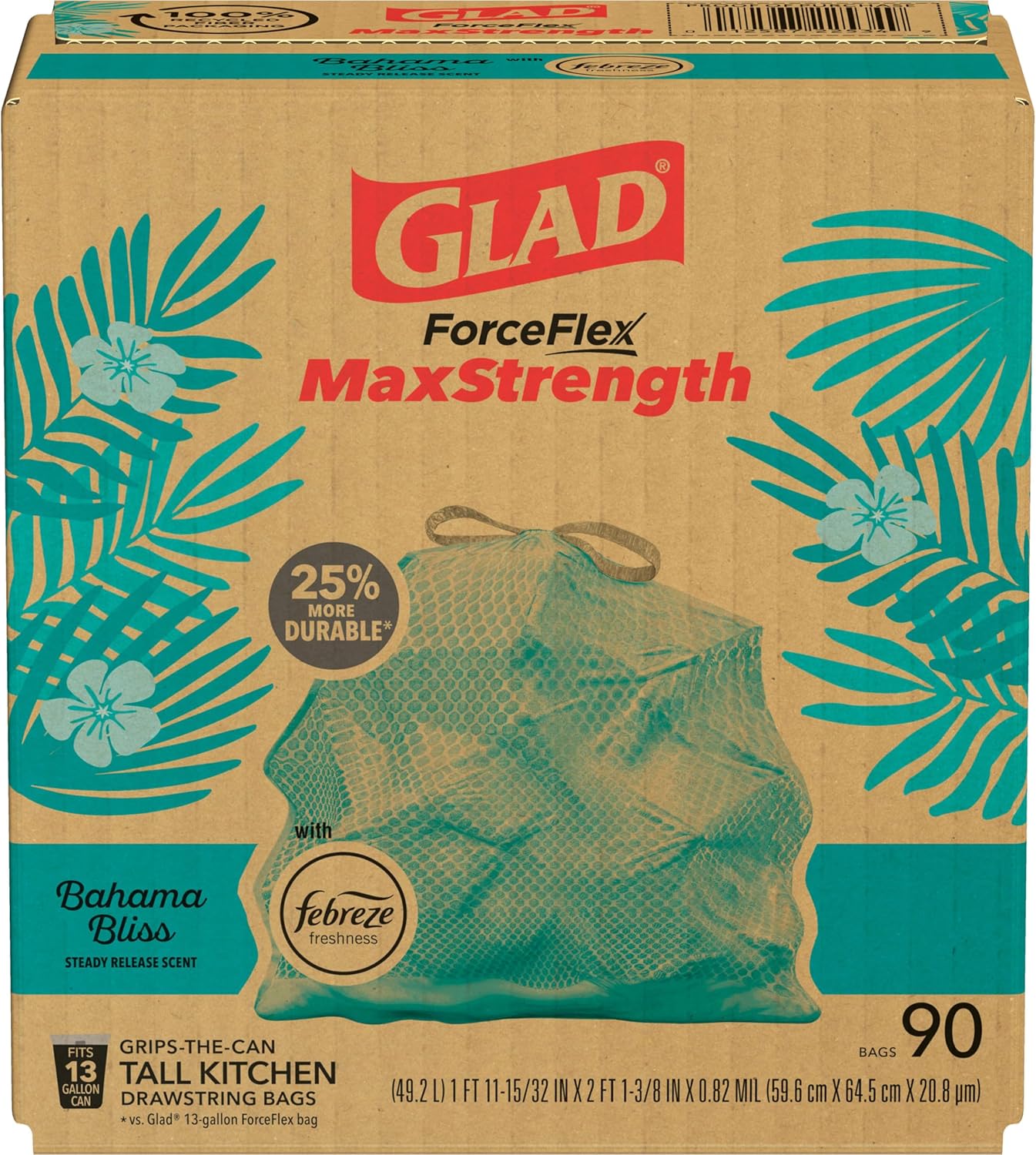 Glad ForceFlex MaxStrength Kitchen Trash Bags 13 Gallon — Reinforced No-Tear Garbage Liners Safe Around Kids and Pets, Febreze OdorShield, 90 Pack
