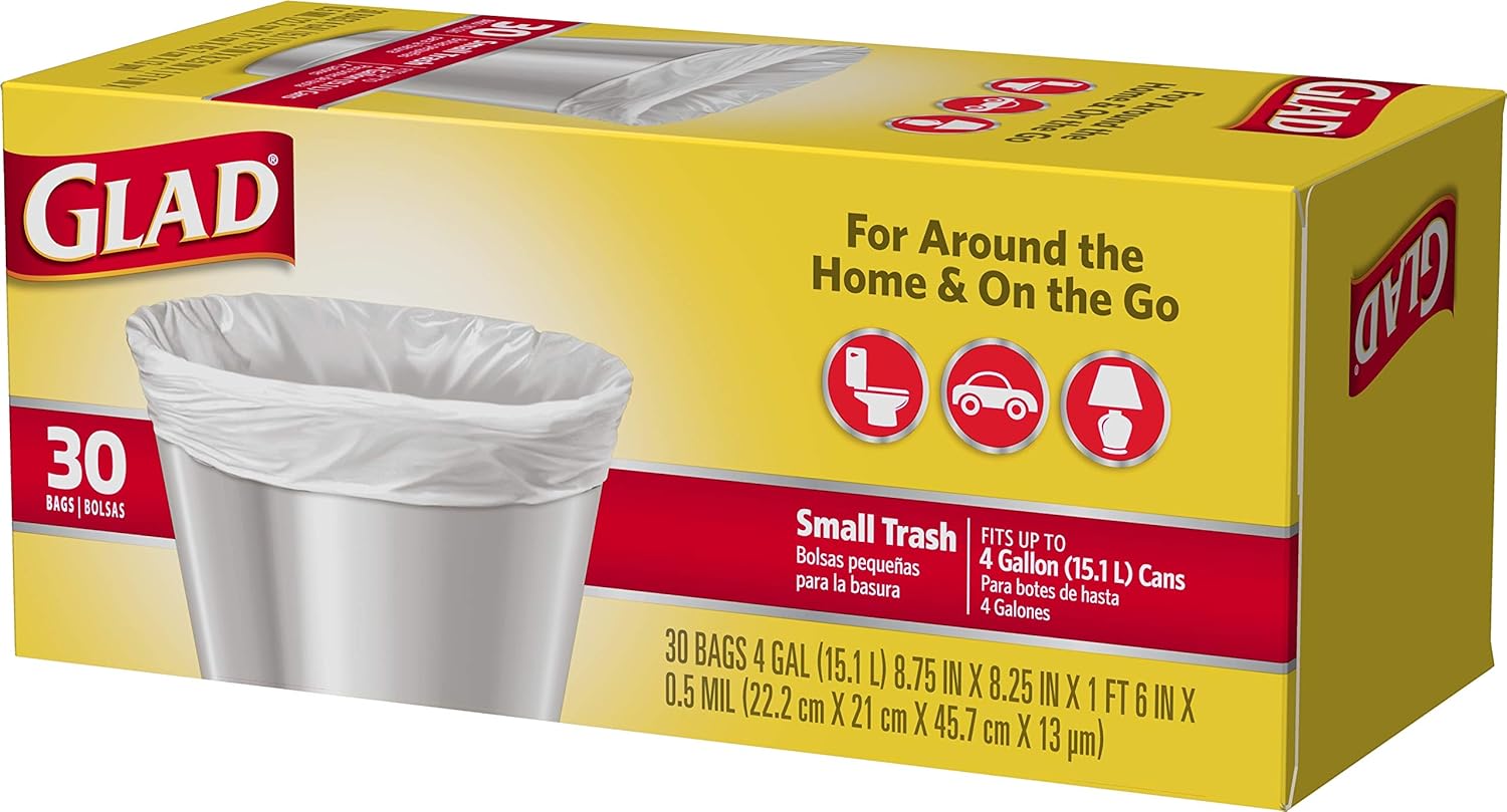 Glad Trash Bags, Small Garbage Bags - 4 Gallon White Trash Bag, Portable Camping and Picnic Liner